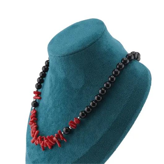 Colier Obsidian negru sfere 8mm si Coral rosu freeform 6-15mm cu elemente argintii, imagine 3