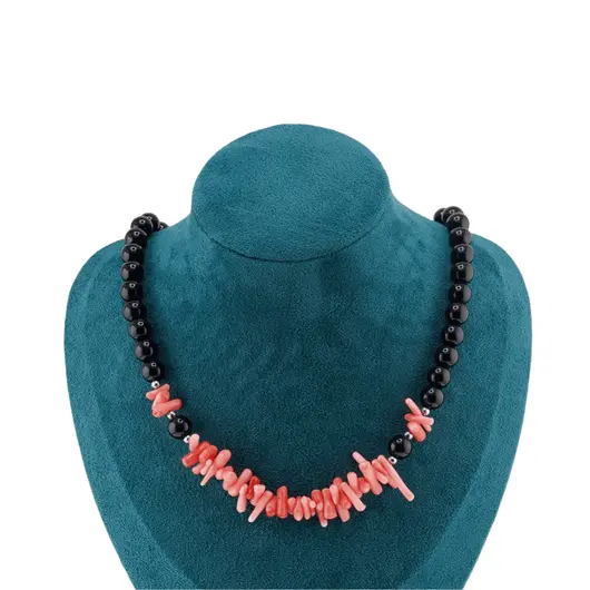 Colier Obsidian negru sfere 8mm si Coral roz freeform 6-15mm cu elemente argintii, imagine 3
