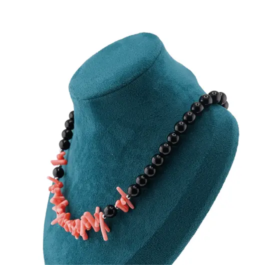 Colier Obsidian negru sfere 8mm si Coral roz freeform 6-15mm cu elemente argintii, imagine 4