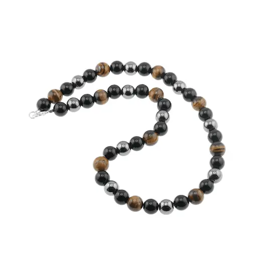 Colier pentru protectie Ochi de tigru, Hematit si Obsidian negru sfere, 10mm