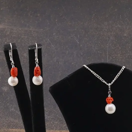 Set Cercei cu agatatoare si pandantiv Coral natural si Perle de cultura cu argint 925, imagine 4