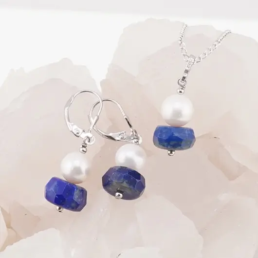 Set Cercei cu agatatoare si pandantiv Lapis Lazuli si perle de cultura cu argint 925, imagine 2