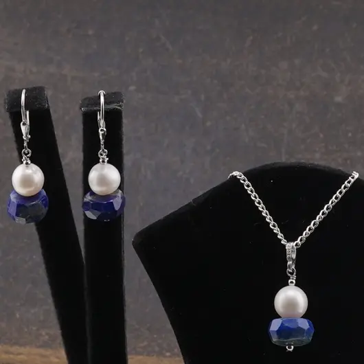 Set Cercei cu agatatoare si pandantiv Lapis Lazuli si perle de cultura cu argint 925, imagine 5