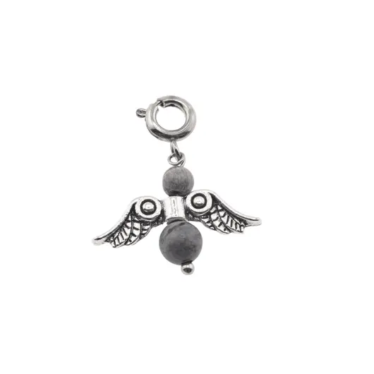 Breloc Ingeras cu pietre semipretioase Obsidian fulg de nea, 4-6mm