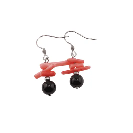 Cercei cu agatatoare Obsidian negru sfera 8mm si Coral roz freeform cu elemente argintii