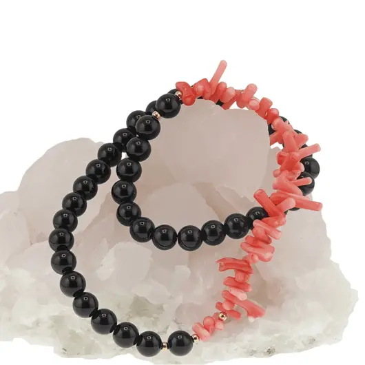 Colier Obsidian negru sfere 8mm si Coral roz freeform 6-15mm centrat cu elemente aurii, imagine 2