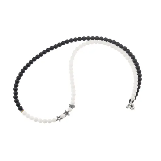 Colier Onix negru mat, Coral alb si stelute din Hematit argintiu, 4-6mm