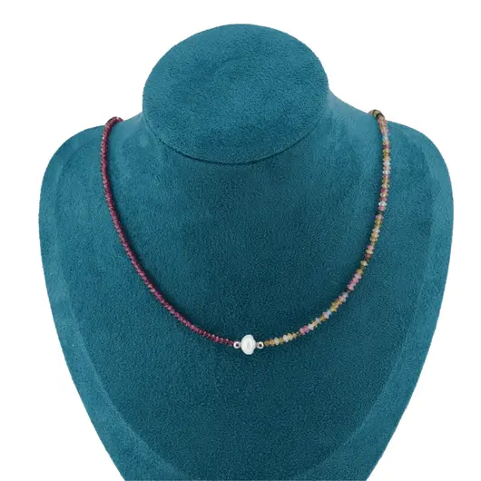 Colier Turmalina multicolora si Granat Rhodolit discuri fatetate 3mm si Perla de cultura 7mm cu elemente argintii, imagine 2