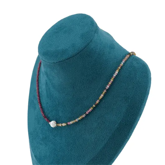 Colier Turmalina multicolora si Granat Rhodolit discuri fatetate 3mm si Perla de cultura 7mm cu elemente argintii, imagine 3
