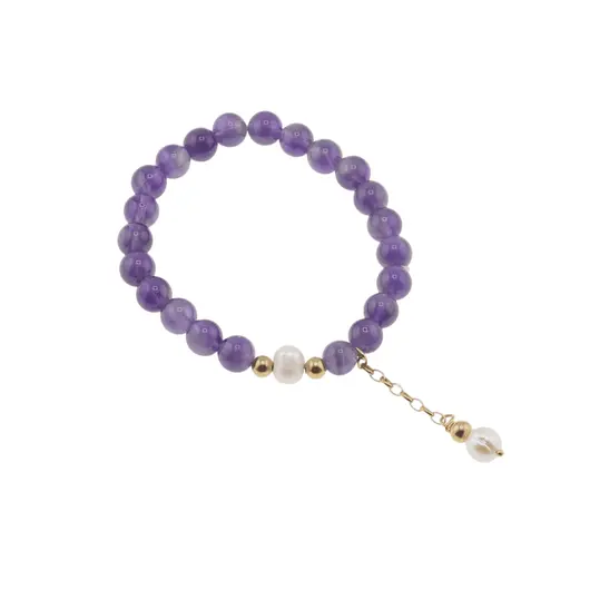 Bratara Ametist cu talisman auriu si Perla de cultura pe elastic, 8-9mm