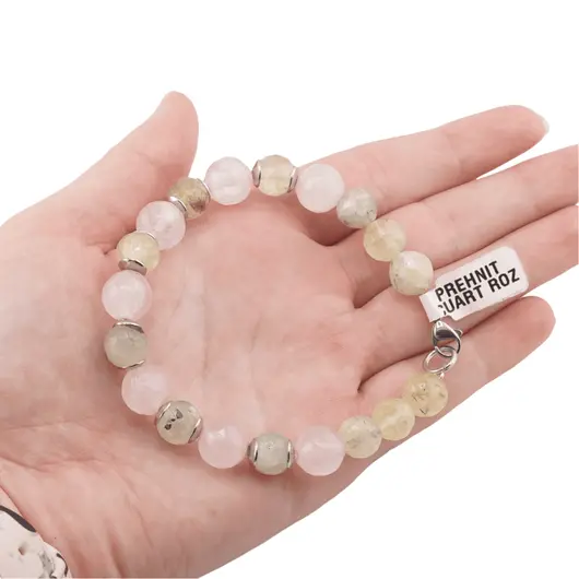 Bratara din cristale naturale Cuart roz si Prehnit sfere fatetate, 8-10mm, imagine 4