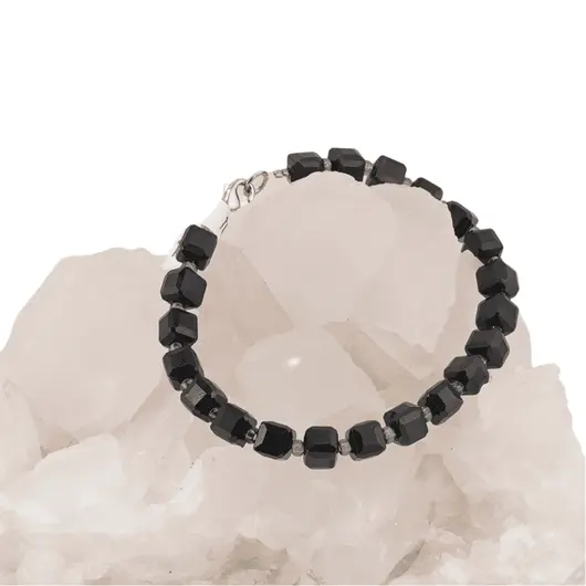 Bratara din cristale naturale Turmalina neagra cuburi fatetate, 6-7mm, imagine 3