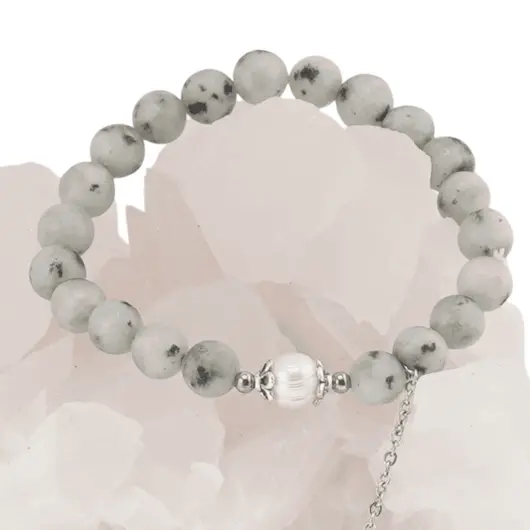 Bratara Jasp kiwi cu talisman argintiu si Perla de cultura pe elastic, 8mm, imagine 3