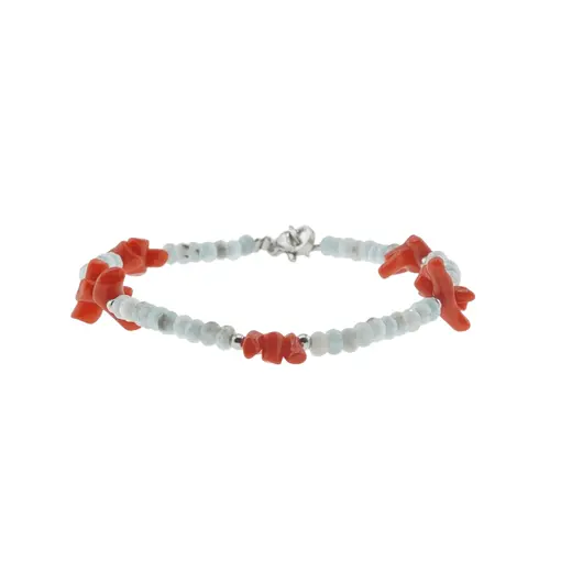 Bratara Larimar discuri fatetate si Coral freeform cu bumbi argintii, 3-11mm, imagine 2