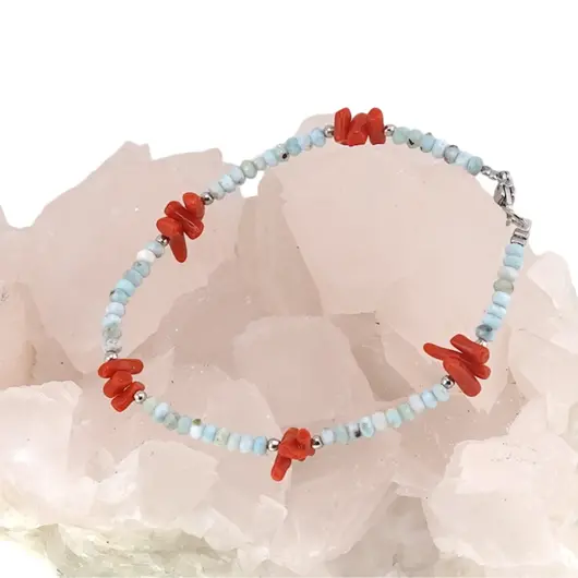 Bratara Larimar discuri fatetate si Coral freeform cu bumbi argintii, 3-11mm, imagine 3