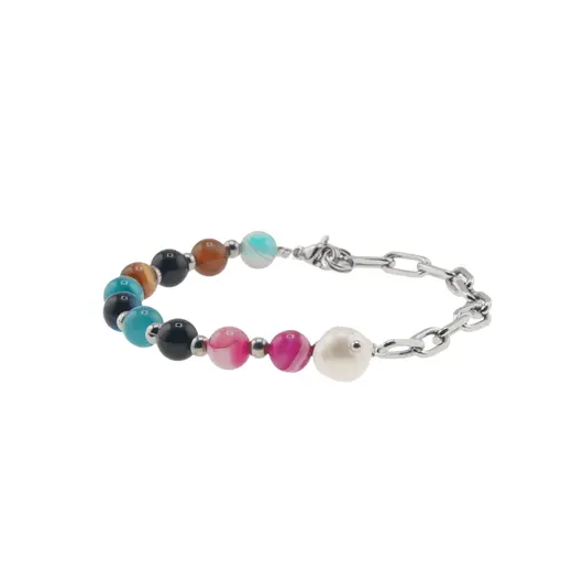 Bratara mix Agate sfere si Perla de cultura cu bumbi argintii, 6-8mm, imagine 2