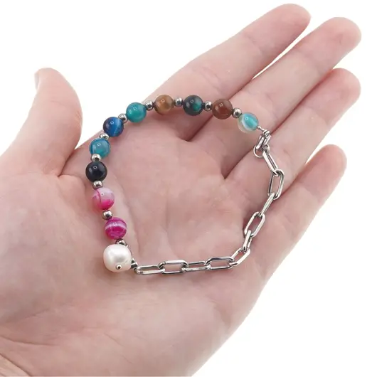 Bratara mix Agate sfere si Perla de cultura cu bumbi argintii, 6-8mm, imagine 4