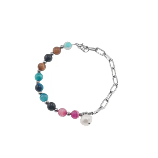 Bratara mix Agate sfere si Perla de cultura cu bumbi argintii, 6-8mm