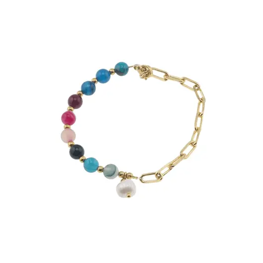 Bratara mix Agate sfere si Perla de cultura cu bumbi aurii, 6-8mm