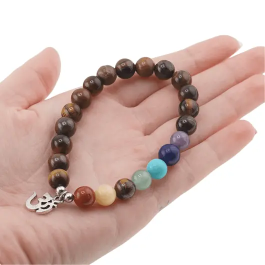 Bratara Ochi de tigru si cristalele celor 7 chakre sfere cu simbol OM pe elastic, 8mm, imagine 4
