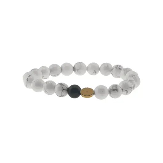 Bratara pentru barbati Howlit, Onix mat si banut de Hematit auriu pe elastic, 8-9mm, imagine 2