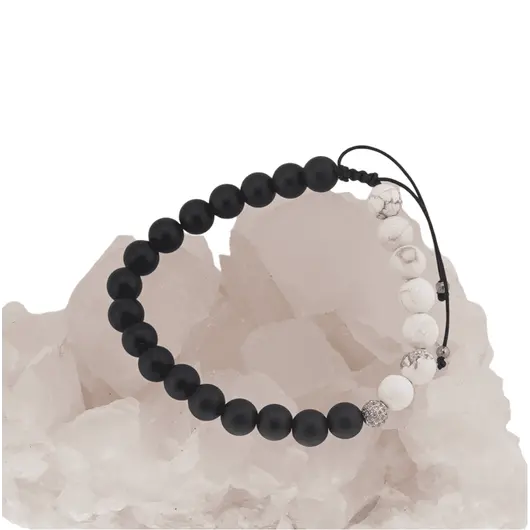 Bratara pentru barbati Howlit si Onix mat sfere pe nod culisant cu elemente argintii, 8mm, imagine 3