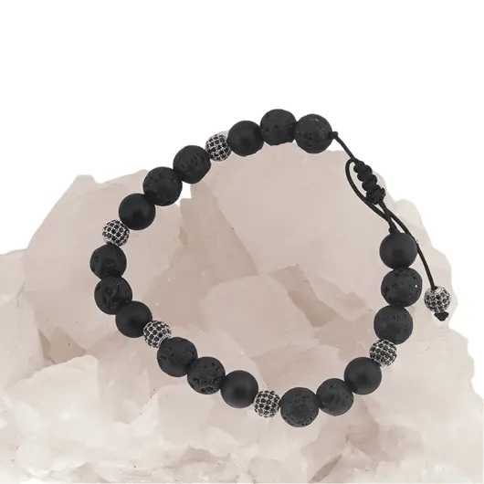 Bratara pentru barbati Roca vulcanica si Onix mat sfere pe nod culisant cu zircon, 8-9mm, imagine 3