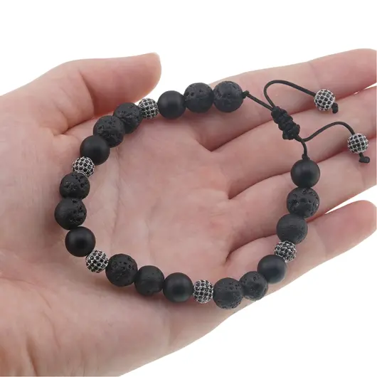 Bratara pentru barbati Roca vulcanica si Onix mat sfere pe nod culisant cu zircon, 8-9mm, imagine 4
