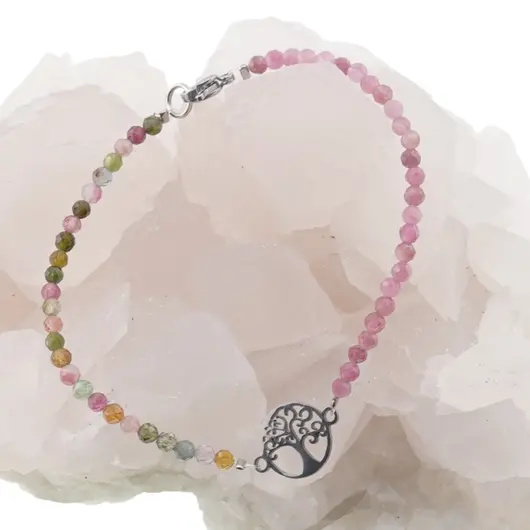 Bratara Turmalina multicolora si roz sfere fatetate cu Pomul Vietii, 3mm, imagine 3