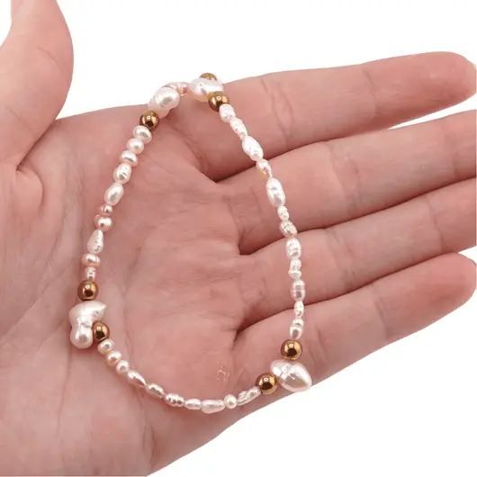Colier lucrat manual Perle de cultura albe, roz si crem cu Hematit auriu, 3-8mm, imagine 5