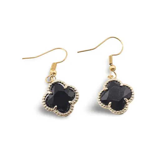 Cercei cu agatatoare Obsidian trifoi cu montura aurie, 18mm