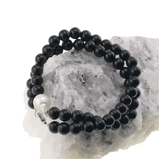 Colier Onix sfere si Perla de cultura freeform cu bumbi argintii, 8-18mm, imagine 4