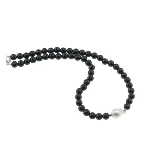 Colier Onix sfere si Perla de cultura freeform cu bumbi argintii, 8-18mm