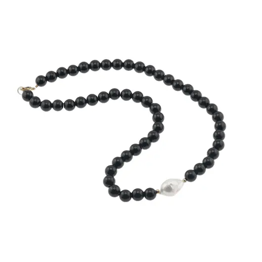 Colier Onix sfere si Perla de cultura freeform cu bumbi aurii, 8-18mm