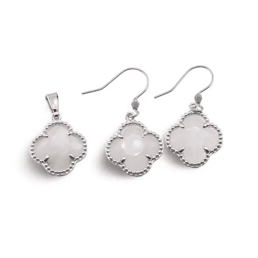 Set Cercei cu agatatoare si Pandantiv Cuart trifoi cu montura argintie, 18mm
