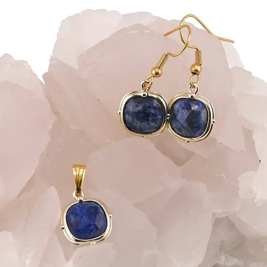 Set Cercei cu agatatoare si Pandantiv Lapis Lazuli patrat cu montura aurie, 15mm, imagine 2
