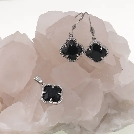 Set Cercei cu agatatoare si Pandantiv Obsidian trifoi cu montura argintie, 18mm, imagine 2