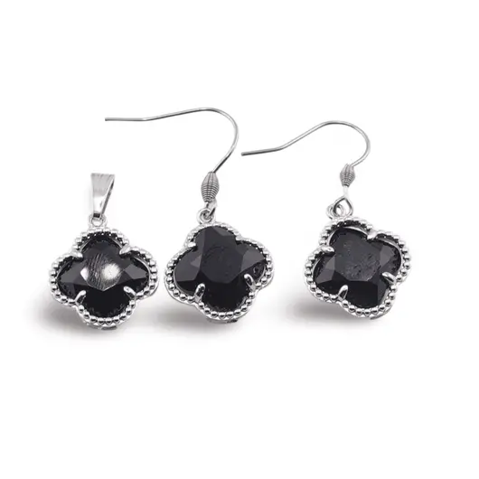 Set Cercei cu agatatoare si Pandantiv Obsidian trifoi cu montura argintie, 18mm