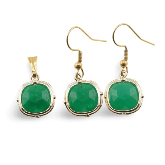 Set Cercei cu agatatoare si Pandantiv Onix verde patrat cu montura aurie, 15mm
