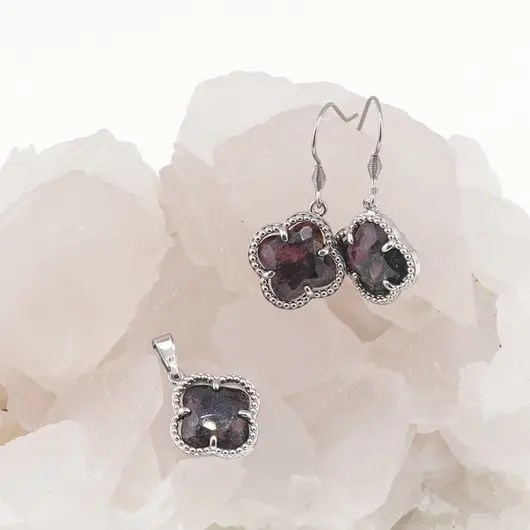 Set Cercei cu agatatoare si Pandantiv Rodonit trifoi cu montura argintie, 18mm, imagine 2