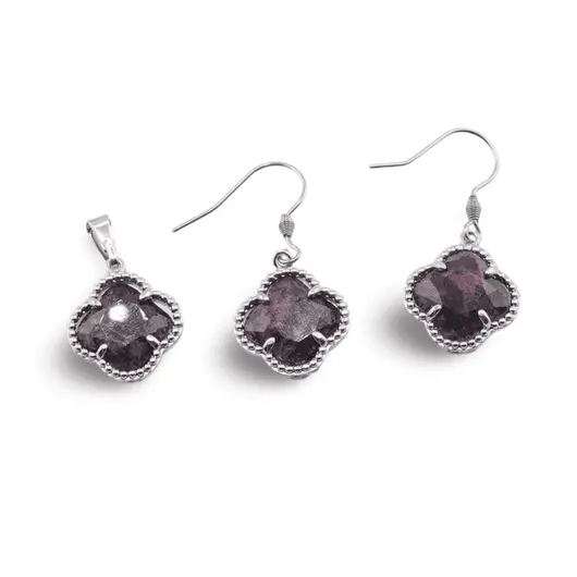 Set Cercei cu agatatoare si Pandantiv Rodonit trifoi cu montura argintie, 18mm