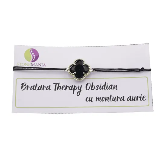 Bratara Therapy Obsidian trifoi cu montura aurie