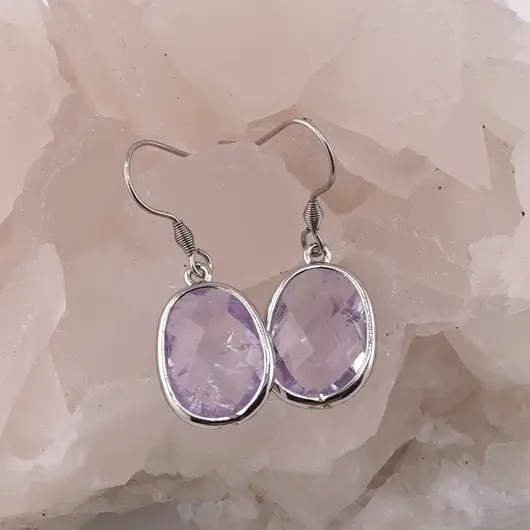 Cercei cu agatatoare Ametist lavanda oval cu montura argintie, 20mm, imagine 2