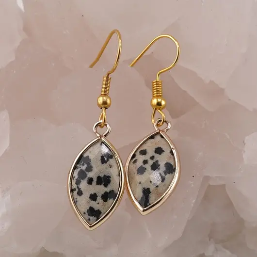 Cercei cu agatatoare Jasp dalmatian oval ascutit cu montura aurie, 22mm, imagine 2
