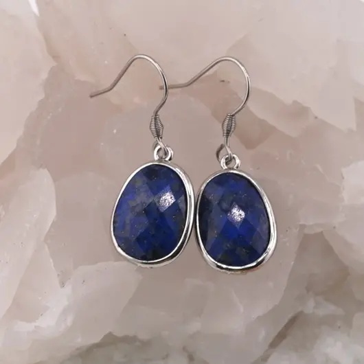 Cercei cu agatatoare Lapis Lazuli oval cu montura argintie, 20mm, imagine 2