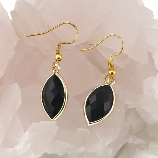 Cercei cu agatatoare Obsidian oval ascutit cu montura aurie, 22mm, imagine 2