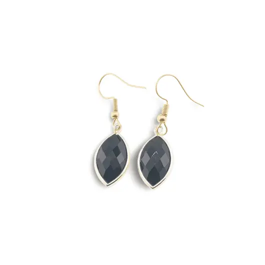 Cercei cu agatatoare Obsidian oval ascutit cu montura aurie, 22mm
