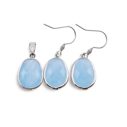 Set Cercei cu agatatoare si Pandantiv Agat bleu oval cu montura argintie, 20mm