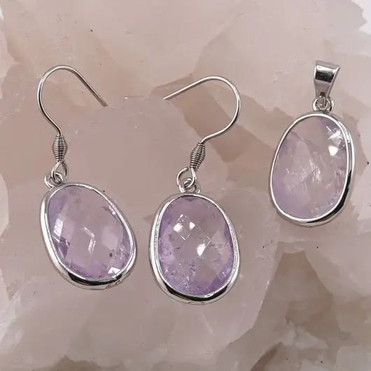 Set Cercei cu agatatoare si Pandantiv Ametist lavanda oval cu montura argintie, 20mm, imagine 2