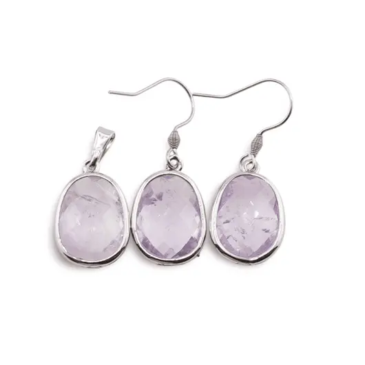 Set Cercei cu agatatoare si Pandantiv Ametist lavanda oval cu montura argintie, 20mm